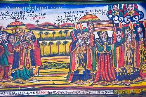 caption: Painting in the new church of 'St Mary of Zion' showing the Ark being carried to Ethiopia by King Menelik.