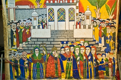 caption: Painting in the old church of 'St Mary of Zion' showing religious gathering outside the old church of 'St Mary of Zion'.