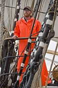 Paul, 2nd mate, in foul weather gear