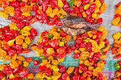 Dried river fish with yellow and red chili peppers on a market stall.