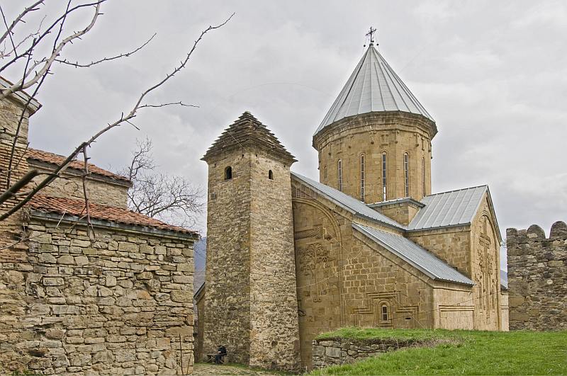 Main church of the Ananuri Monastery shows the beautiful carvings on its sandstone walls.
