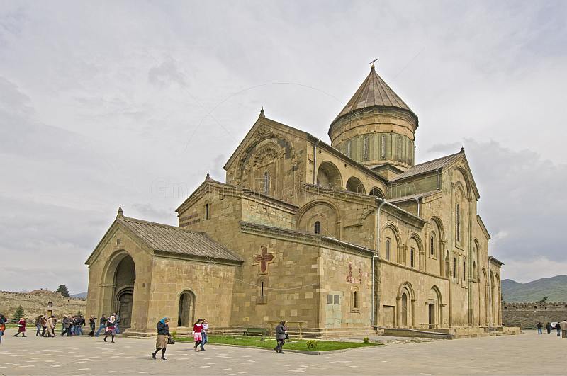 Worshippers leave the Svetitskhoveli Cathedral.