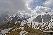Snow-capped mountains overlooking Kazbegi.