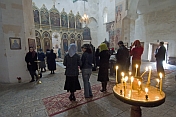 Eastern Orthodox worshippers gather for mass at the Ananuri Monastery.