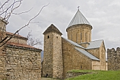 Main church of the Ananuri Monastery shows the beautiful carvings on its sandstone walls.