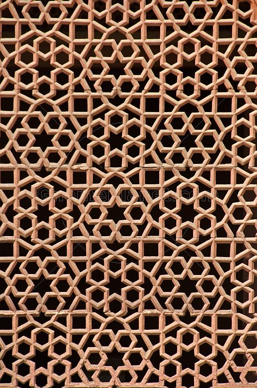 Detail of carved red sandstone Jali Screen on Humayun's Tomb.