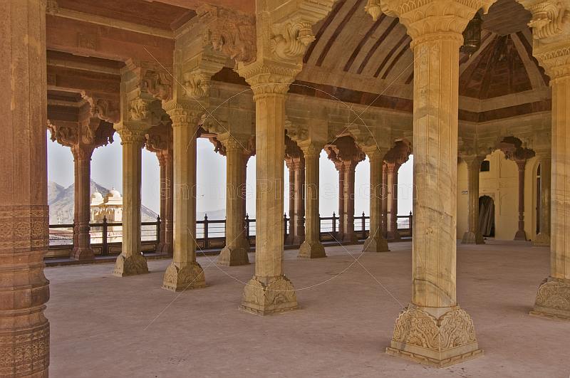 Ornate carved columns in the pattern of elephant heads and vines in Amber Palace's Diwan-I-Am, the Hall of audience.