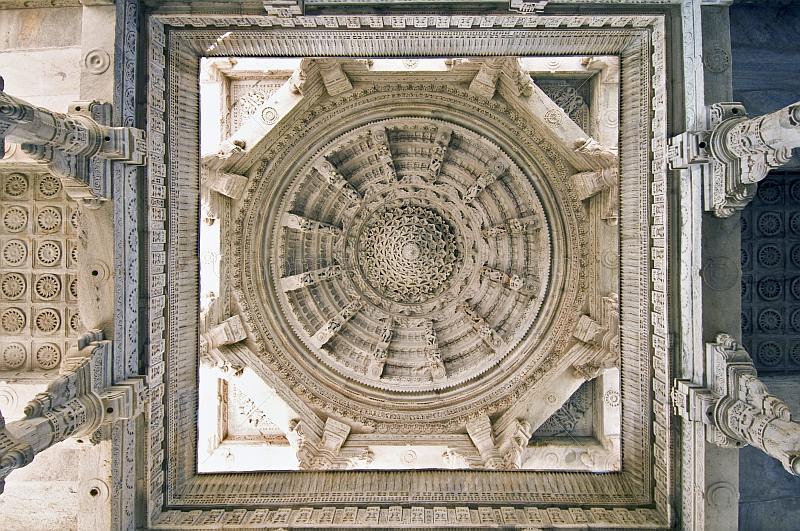 Intricately carved white marble ceiling of the Adinatha Temple at Ranakpur.
