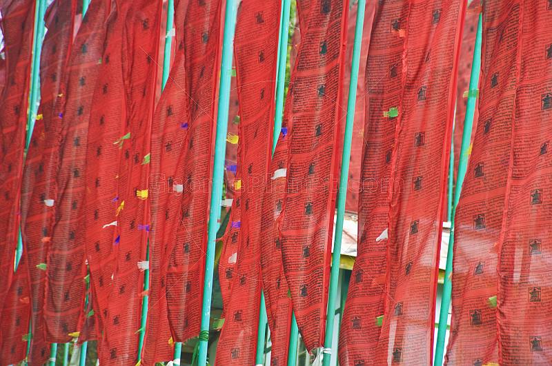Red prayer flags on green flagpoles at the Pemayangtse Monastery.