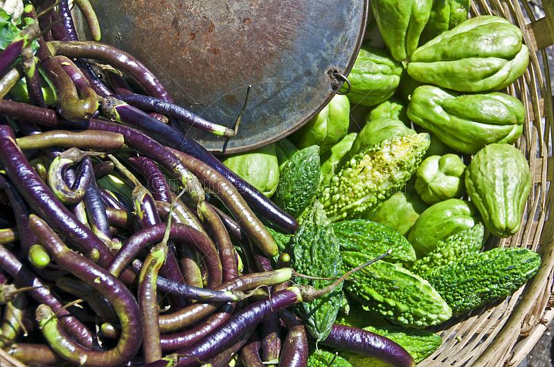 A vegetable-sellers basket of purple eggplants and green bitter-gourds.