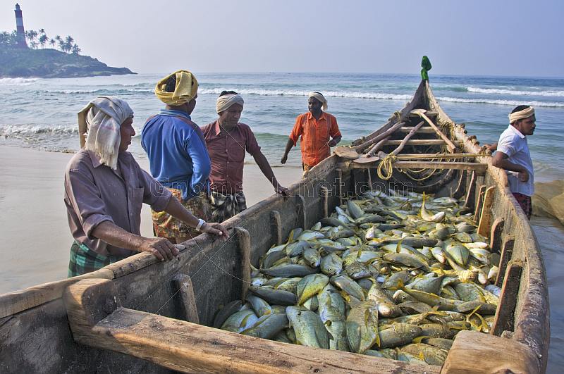 Fishermen with day's catch stored in boat on beach.