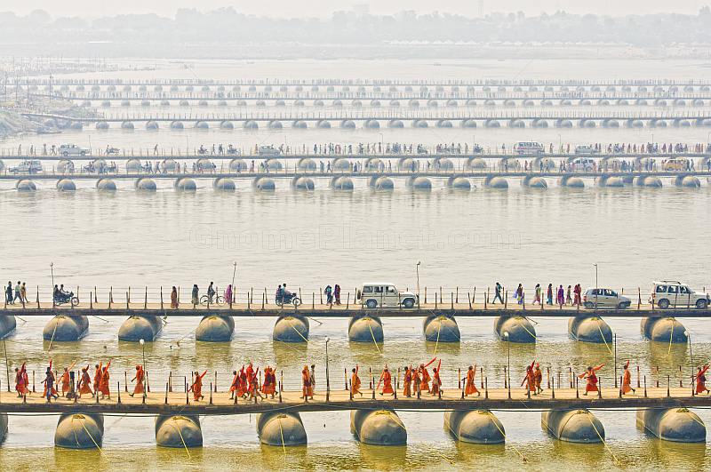 Parallel lines of pontoon bridges crossing the Ganges River at Allahabad.