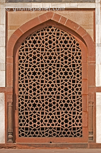 Detail of carved red sandstone Jali Screen on Humayun's Tomb.