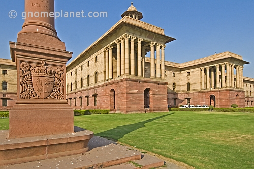 Red sandstone Dominion Column with coat of arms outside the North Block Secretariat.