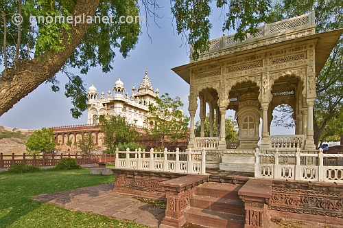 A tomb and canopy in the grounds of the Jaswant Thada built 1899 from white Makrana marble.