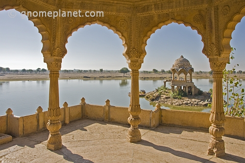 Carved stone lake temples on the Gadi Sagar, once the main water supply for Jaisalmer.