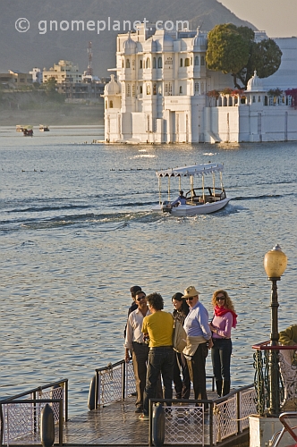 Guests of the Lake Palace Hotel wait for the next launch to take them to Jag Niwas Island.
