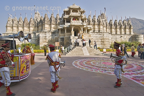 Bandsmen waiting to greet important visitors at the Adinatha Temple at Ranakpur.