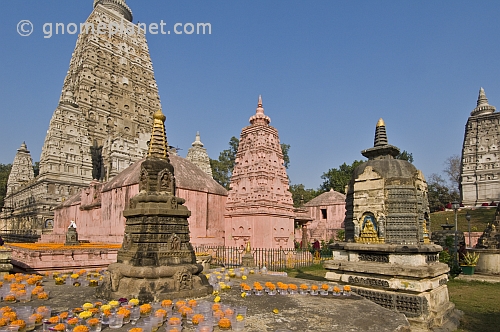 Stupas and spires in front of the Mahabodhi Temple.