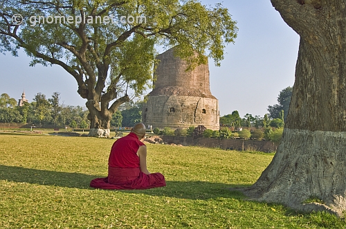 Buddhist monk sits in silent meditation before the 5thC Dhamekh Stupa at Sarnath.