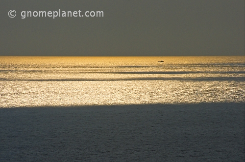 Fishing boat on a gold and silver sea.