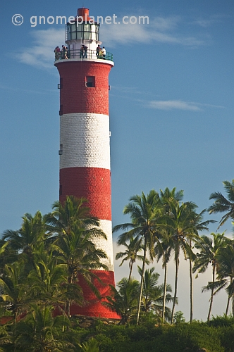 Red and white bands of Vizhinjam Lighthouse tower, set amongst coconut palm trees.