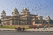 Pigeons fly over the Albert Hall in Ram Niwas Gardens, which now contains the Central Museum and Art Gallery.