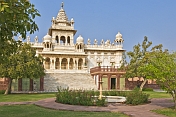 Rose gardens and fountain in the grounds of the Jaswant Thada built 1899 from white Makrana marble.