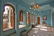 India, Rajasthan, Udaipur. Blue and white painted womens quarters of the City Palace.