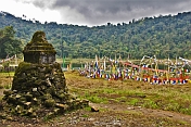 Buddhist stupa and prayer flags at Kechoperi Lake.