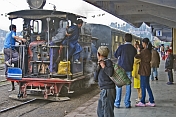caption: A steam-hauled train pulls into Darjeeling station.
