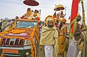 Decorated trucks and Holy Men at Basant Panchami Snana Procession.