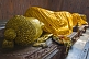 A floral wreath is placed next to the 6m recumbent statue of the dying Buddha in the Parinivarna Temple.