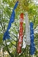 Red white and blue Prayer flags in forest near the Do-drul Chorten.
