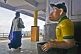 A fibreglass monkey waits for passengers to throw garbage into his rubbish-bin at the railway station.