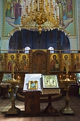 Icons and gold chandelier in Saint Nicholas Cathedral.