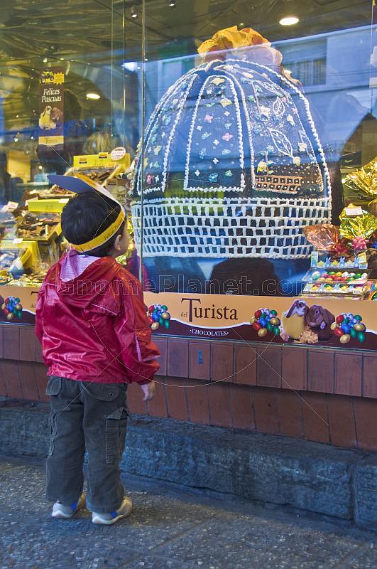 Small boy looks at huge choclate Easter egg in shop window.