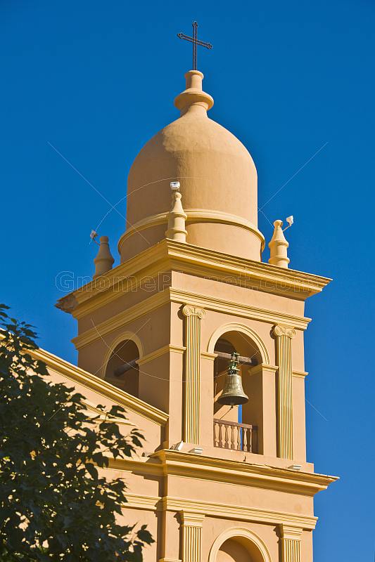 Tower and bell of the Cafayate Cathedral on the Plaza Principal.