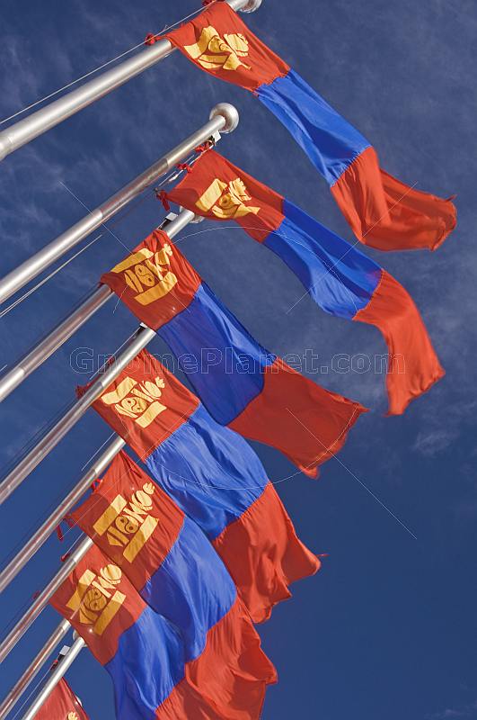 Mongolian flags blow and flutter in the wind.