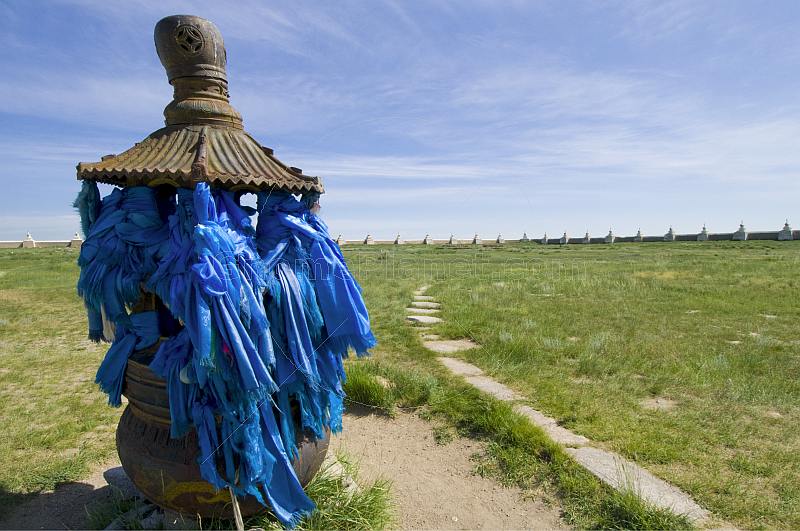 Ancient incense burner covered with prayer scarves, at the Erdene Zuu Khiid (Hundred Treasures Monastery).