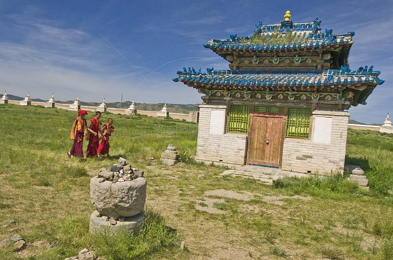 Young Buddhist monks walking in the compound of the Erdene Zuu Khiid (Hundred Treasures Monastery).
