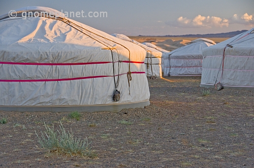 Yurt camp at sunset.