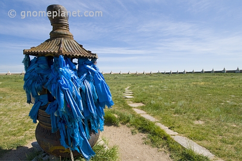 Ancient incense burner covered with prayer scarves, at the Erdene Zuu Khiid (Hundred Treasures Monastery).