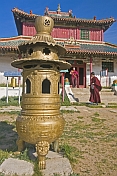 Incense burner and monks at Shanhyn Monastery.