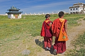 Two young monks walk to class at the Erdene Zuu Khiid (Hundred Treasures Monastery).