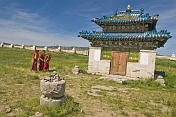 Young Buddhist monks walking in the compound of the Erdene Zuu Khiid (Hundred Treasures Monastery).