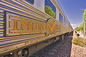 Nameboard and logo on 'Indian Pacific' carriage at Cook station
