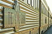 'The Ghan' logo and nameboard on carriage at Alice Springs