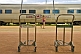 Young female tourist and empty luggage carriers at Alice Springs station.