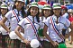 Young pom-pom dancing girls pose in the 2014 Panamanian national Flag Day Parade on Avenida Balboa.